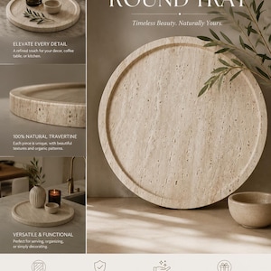 Puede incluir: Una bandeja redonda de travertino beige con una superficie texturizada porosa y un borde elevado. La bandeja se muestra junto a un peque&ntilde;o cuenco a juego y una rama con hojas verdes. El texto en la imagen dice: NATURAL STONE TRAVERTINE ROUND TRAY.