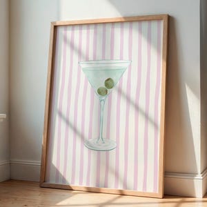 Martini Wall Art, Pink Pastel Cocktail Stripped Wall Art, Digital Download Coastal Cowboy Wall Art, Pink Martini Bar Cart Prints