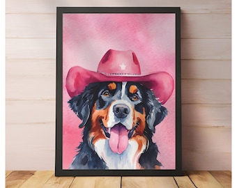 Pink Cowboy Hat Bernese Mountain Dog Art: Trendy Puppy Print (Digital Download)
