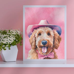 Cowboy Golden Doodle Wall Art Preppy Pink Dog Print Coastal Cowboy Art Puppy Painting Pet Portrait Cowboy Hat Dog Trendy Digital Download