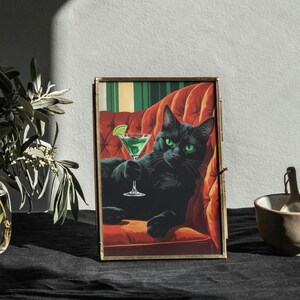Black Cat with Martini Art Print, Cocktail Art Bar Cart Decor, Cute Quirky Whimsical Print, Mid Century Cat Art, Trendy Digital Download