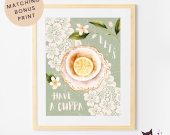 A Cuppa (Green), instant download, printable wall art, digital print, tea lover gift, tea poster, tea party print, lace, lemon, flower, cup