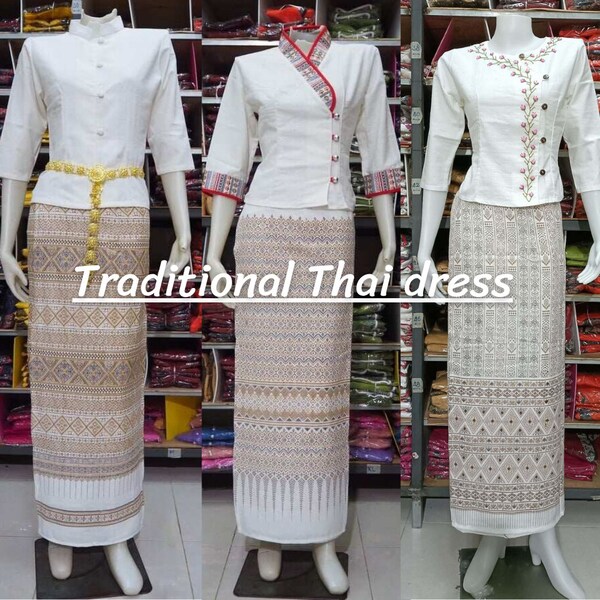 Set von Thai Traditionellen Seiden Stoff gewebter Stoff Koralle Baumwolle Kleid Chinmai Koralle Hemd, traditionelle Kleidung, thai Kleid