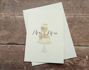 Wedding Card | Newlyweds | Wedding Cake | Mr.&Mrs. | Watercolor Illustration