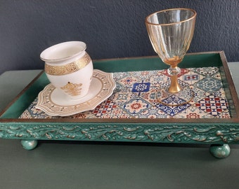Handgemaakte unieke houten dienblad, koffiedienblad, Ottomaanse lade, handgemaakte decoupage geschilderde houten Ottomaanse dienblad,