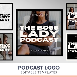Podcast Logo Template | Podcast cover art | Podcast branding minimal black luxury boutique logo canva template | Podcast media diy logo boss