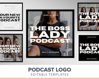 Podcast Logo Template | Podcast cover art | Podcast branding minimal black luxury boutique logo canva template | Podcast media diy logo boss