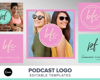 Podcast Logo Cover Art template | Editable Podcast DIY logo | Podcast branding logo kit | Canva template | minimal pink badge bright logo