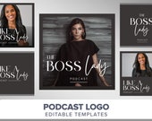 Podcast Logo Template | Podcast cover art | Podcast branding minimal black luxury boutique logo canva template | Podcast media diy logo boss