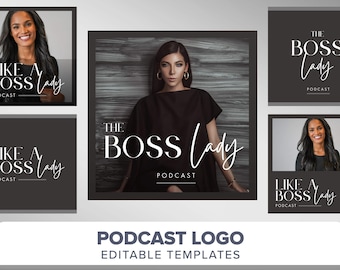 Podcast Logo Template | Podcast cover art | Podcast branding minimal black luxury boutique logo canva template | Podcast media diy logo boss