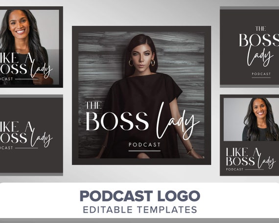 Podcast Logo Template | Podcast cover art | Podcast branding minimal black luxury boutique logo canva template | Podcast media diy logo boss