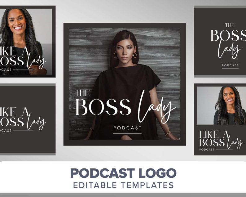 Podcast Logo Template | Podcast cover art | Podcast branding minimal black luxury boutique logo canva template | Podcast media diy logo boss image 1