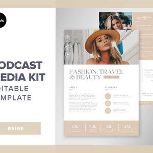 May include: Beige media kit template for a podcast about fashion, travel, and beauty. The template includes information about the podcast's audience, demographics, and promotional services. The template also includes a photo of a woman wearing a hat and a beige background.