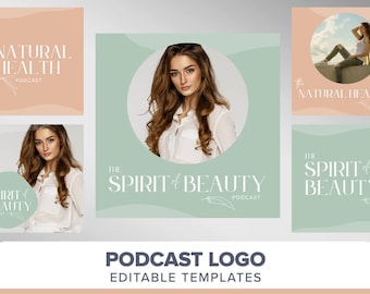 Podcast Logo Template | Podcast cover art | Podcast branding minimal boho green neutral logo canva template | Podcast media DIY logo womens