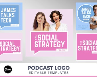 Podcast Logo Cover Art template | Editable Podcast DIY logo | Podcast branding logo kit | Canva template | modern pink bold bright logo
