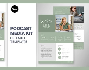 Puede incluir: Una plantilla de kit de medios verde y blanca para un podcast llamado "The Work Life Podcast". La plantilla incluye estadísticas sobre el podcast, información sobre el público objetivo y los servicios de promoción que se ofrecen. La plantilla también presenta una foto de una mujer trabajando en una computadora portátil.