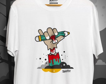 Monsters Collection T-shirt met "Surfer" graphics / Unisex katoenen T-shirt / Wit T-shirt met maten S -2XL