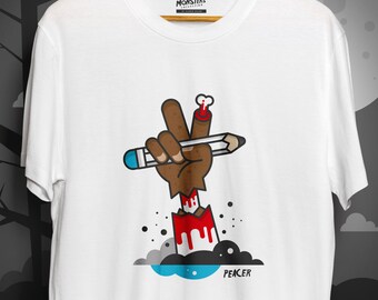 Monsters Collection T-shirt met "Peacer" graphics / Unisex katoenen T-shirt / Wit T-shirt met maten S -2XL