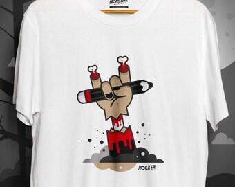 Monsters Collection T-shirt met "Rocker" graphics / Unisex katoenen T-shirt / Wit T-shirt met maten S -2XL