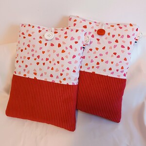 Corduroy book pouch with heart button closure
