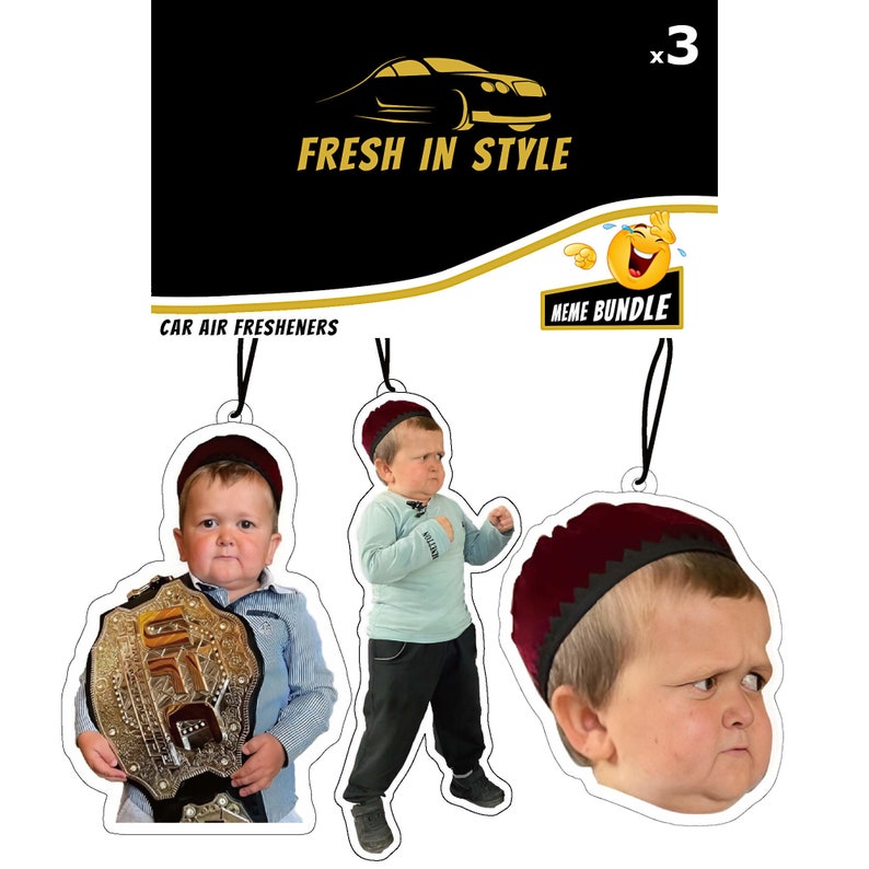 May include: A set of three car air fresheners featuring meme images. The air fresheners are shaped like a circle and have a string for hanging. The images are of a young boy in different poses. The text "Meme Bundle" is printed on the card.