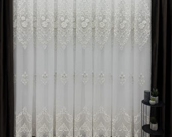 Tul con hermoso bordado, cortina transparente de bambú bordada, cortinas transparentes