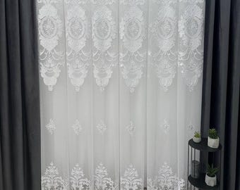 Elegantes paneles de cortina transparente con detalles de terciopelo, bordados y ojales, paneles de cortina de tul.