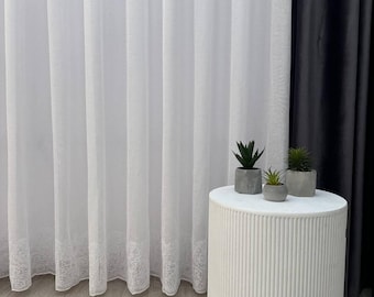 Tela de tul de lino bordado con elegantes detalles en la parte inferior, impresionante cortina transparente de lino.