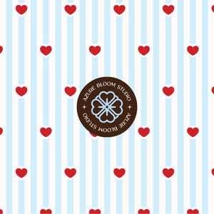 May include: A repeating pattern of red hearts on a light blue and white striped background. A brown circular logo with the text "AZURE BLOOM STUDIO" and a four-leaf clover design is in the center of the image.