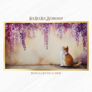 Whimsical Cat Frame TV Art Download, Watercolor Cat Printable Wall Art for Samsung Frame TV, Purple Wisteria Spring Decor for Cat Lovers