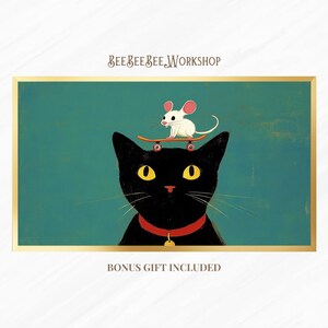 Funny Cat and Mouse Frame TV Art Download, Whimsical Black Cat Digital Wall Art, Modern Cat Printable Decor for Samsung Frame TV Display