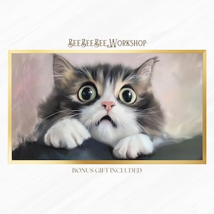 Funny Shocked Cat Frame TV Art Download, Whimsical Cat Face Printable Wall Art for Samsung Frame TV, Cute Digital Pet Decor Download, 16-9