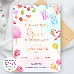 May include: A baby shower invitation with a watercolor illustration of a pink cotton candy, candy canes, lollipops, jelly beans, and teddy bears. The text reads "A Sweet Baby Girl Is On Her Way!" with the name "Lydia Marsh" and the date "July 4th".