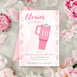 Stanley Cup Geburtstagseinladung Wasserbecher Stanley Party Einladung Geburtstag Mädchen Rosa 10.Geburtstag einladen Wasserbecher Party Evite bearbeitbar