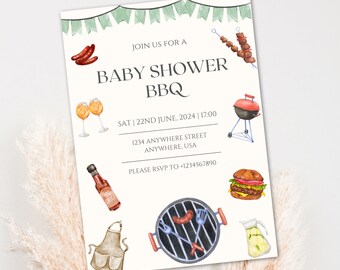 May include: A baby shower invitation with a BBQ theme. The invitation features a green and white banner, a grill, a hamburger, a bottle of BBQ sauce, a glass of wine, a sausage, and an apron. The text on the invitation reads "Join us for a Baby Shower BBQ", "Sat | 22nd June, 2024 | 17:00", "1234 Anywhere Street", "Anywhere, USA", and "Please RSVP to +1234567890".
