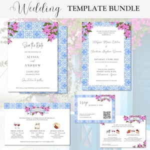 Op de afbeelding: Een set met sjablonen voor huwelijksuitnodigingen met een blauw en wit betegeld patroon en roze bloemen. De set bevat een save-the-date-kaart, een uitnodiging, een RSVP-kaart en een menukaart. De tekst op de kaarten bevat de namen Alyssa en Andrew, de datum 3 juni 2023 en de locatie Salamanca, Spanje.