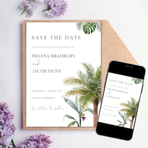 Palm tree wedding invitation template Minimal tropical wedding invitation suite Beach wedding save the date Destination wedding Caribbean