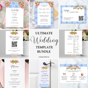 May include: A set of wedding templates with a blue and white tile pattern and floral accents. The templates include a save the date card, RSVP card, wedding itinerary, menu, welcome sign, and honeymoon fund sign.