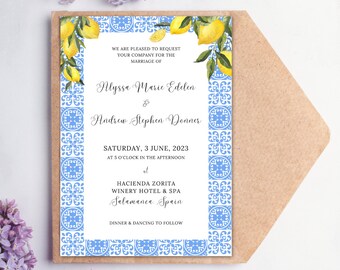 May include: A wedding invitation with a blue and white tiled border and lemon branches. The invitation reads "We are pleased to request your company for the marriage of Alyssa Marie Edelen & Andrew Stephen Donner Saturday, 3 June, 2023 at 5 o'clock in the afternoon at Hacienda Zorita Winery Hotel & Spa Salamanca Spain Dinner & Dancing to Follow"