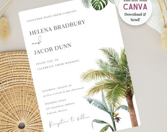 Palm tree wedding invitation template Minimal tropical wedding invitation suite Beach wedding invitation set Destination wedding Caribbean