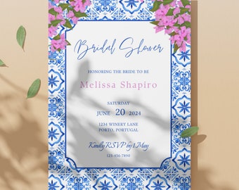 Puede incluir: Una invitación de ducha nupcial azul y blanca con un borde de patrón de azulejos. La invitación dice "Bridal Shower" e incluye el nombre de la novia, "Melissa Shapiro", la fecha, "20 de junio de 2024", la ubicación, "1234 Winery Lane, Porto, Portugal", y la fecha límite de respuesta, "Kindly RSVP by 1 May".