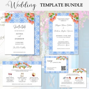 May include: A wedding invitation suite with a blue and white tile pattern and floral accents. The save the date card says "Save the Date for the wedding of Alyssa and Andrew, 3 June 2023, Salamanca Spain". The invitation card says "We are pleased to request your company for the marriage of Alysse Marie Edlin and Andrew Stephen Donner, Saturday, 3 June 2023, at 5 o'clock in the afternoon, Hacienda Zorita Winery Hotel & Spa, Salamanca Spain, Dinner & Dancing to follow". The RSVP card says "RSVP by March 31, 2024" and has a QR code. The menu card says "We offer two main menu options and all meals come with a wine pairing. Meat Option: Pan Seared Chicken Breast, Roasted Potato, Creamy Spinach, and a Red Wine Sauce. Vegetarian Option: Pan Seared Portobello Mushroom, Roasted Potato, Creamy Spinach, and a Red Wine Sauce."