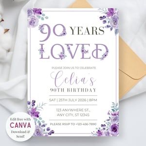 90 Years Loved Birthday Invitation, 90th Birthday evite, Purple Rose Birthday Invite, Personalised Custom Digital Download, 60th, 70th, 80th