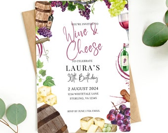 May include: A wine and cheese themed birthday invitation with watercolor illustrations. The invitation features text that reads "Wine & Cheese" and "30th Birthday". The design includes images of grapes, cheese, wine bottles, and barrels.