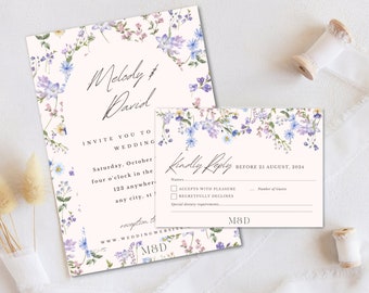 Wildflower bruiloft uitnodiging tuinstijl bewaar de datum bloemen bruiloft RSVP Set kleurrijke lente bruiloft elegante Hand getrokken uitnodigen bewerkbaar