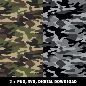 May include: Two camouflage patterns are displayed. The left side features a classic green, brown, and tan camouflage design. The right side showcases a grayscale camouflage pattern in shades of black, gray, and white. The text at the bottom reads "2 x PNG, SVG, DIGITAL DOWNLOAD."