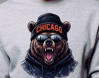 Ours de Chicago, lunettes de soleil, bonnet, clipart PNG, transfert DTF, sublimation, sweat à capuche, T-shirt, mug, effet vieilli
