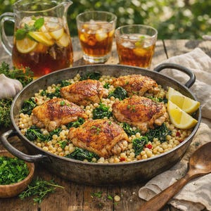 May include: A rustic outdoor scene featuring a metal pan filled with cooked chicken thighs, couscous, and spinach. Two lemon wedges sit on the side. A pitcher of iced tea and two glasses of iced tea are in the background, along with a wooden spoon and a bowl of herbs.