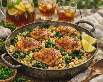 Cosce di pollo all'aglio in una sola pentola con couscous gigante, PDF, download digitale, ricetta