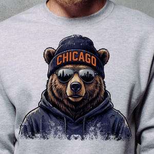 Può includere: Una felpa grigio chiaro con un orso stilizzato che indossa un berretto nero con la scritta "CHICAGO" in arancione. L'orso indossa anche occhiali da sole con un riflesso dello skyline della città nelle lenti e una felpa con cappuccio blu scuro.